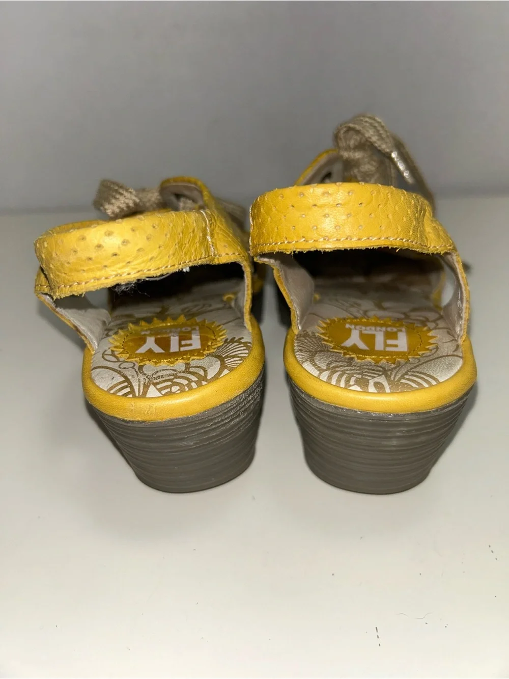 Fly London Ylva Yellow Perforated Leather Peep Toe Lace-Up Wedge Heel Sandal